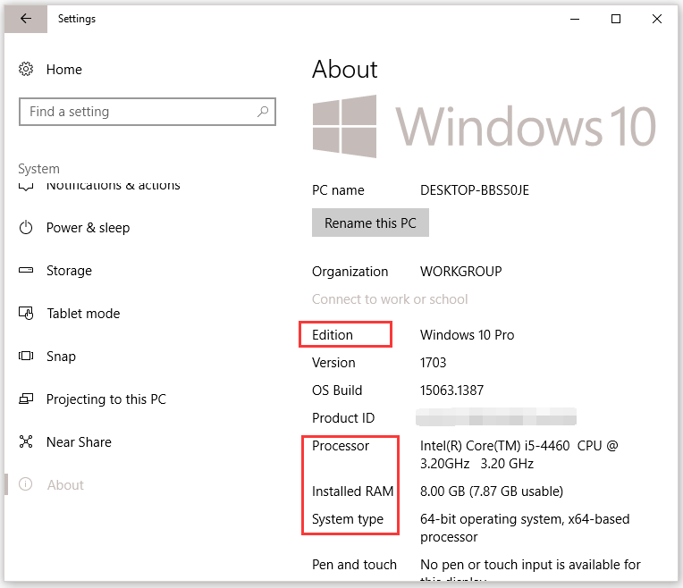 verifique la versión de Windows y su tipo, CPU, RAM