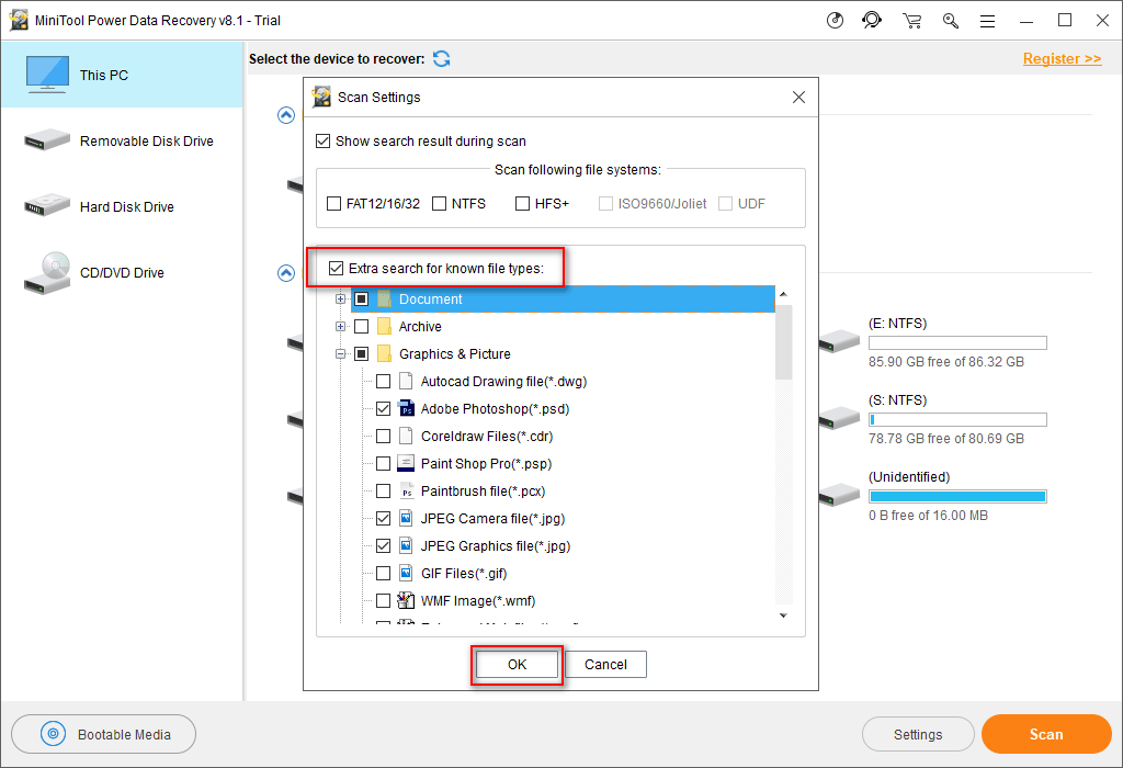 seleccione los tipos de archivos específicos