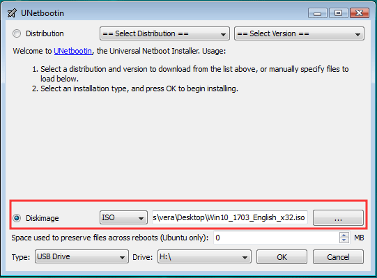 use UNetbootin para grabar iso en una unidad USB en Vista