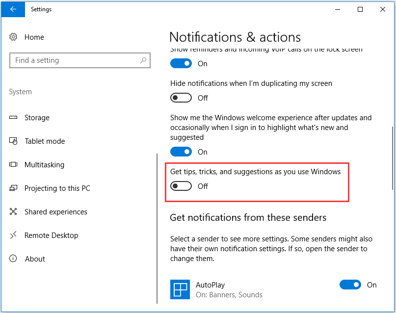 desactivar Obtener consejos, trucos y sugerencias mientras usa Windows