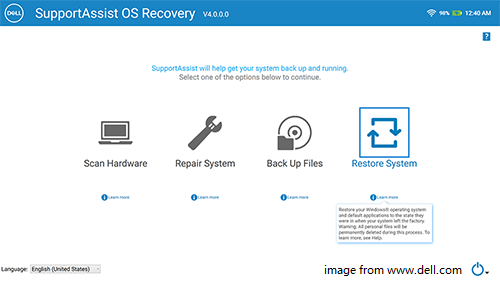 interfaz principal de SupportAssist OS Recovery