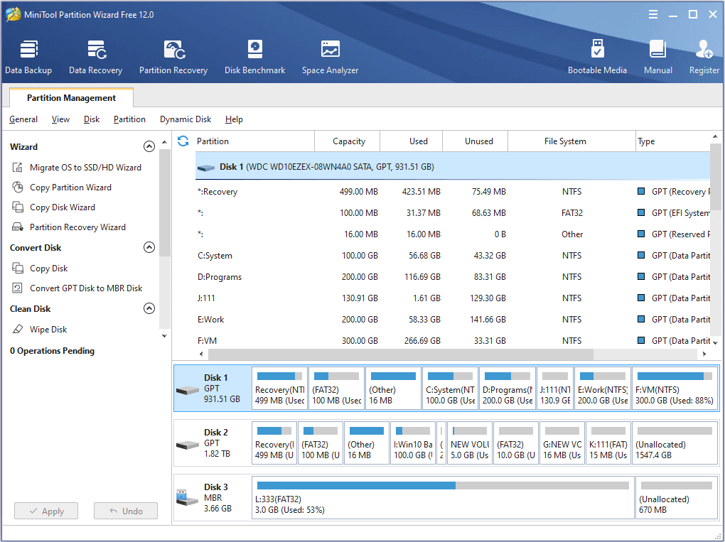 la interfaz principal de MiniTool Partition Wizard Free