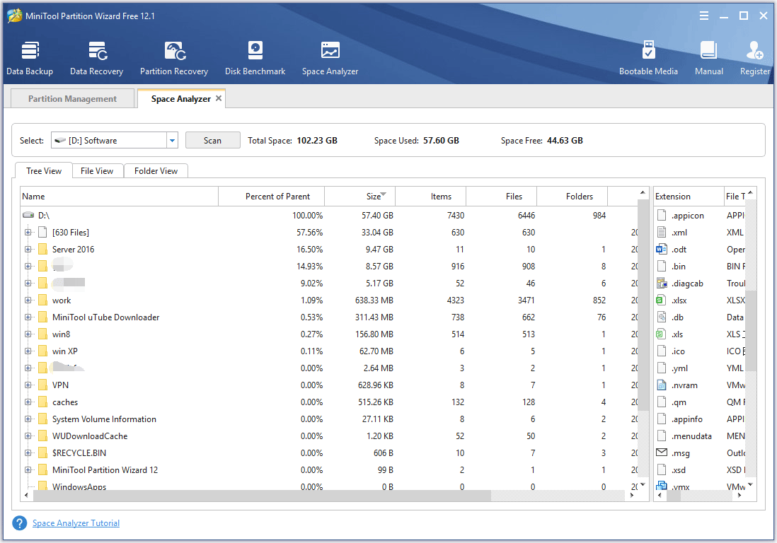 un informe de análisis del espacio de partición realizado por MiniTool Partition Wizard