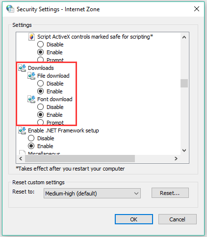 busque Descargas en la ventana Configuración de seguridad