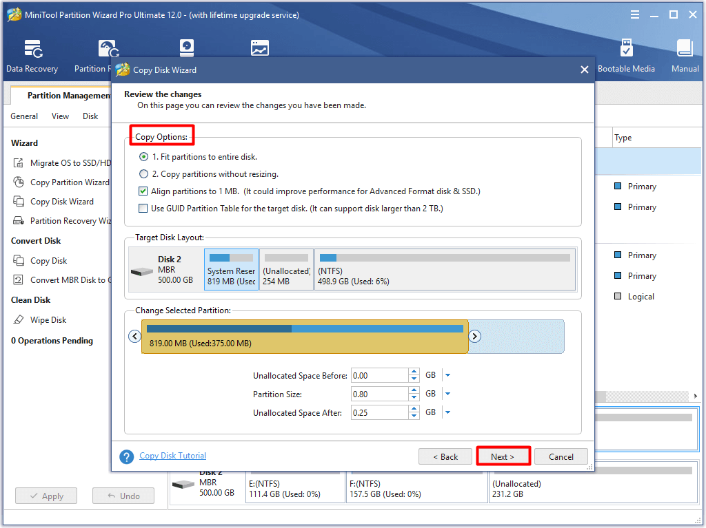 elija las opciones de copia y haga clic en siguiente