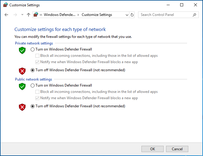 desactivar el cortafuegos de Windows Defender