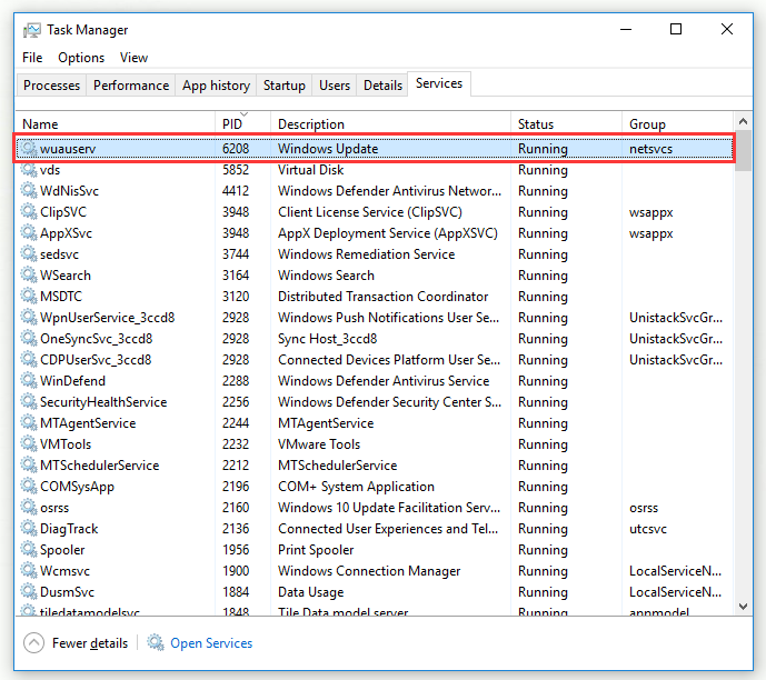 localizar el PID del servicio de actualización de Windows