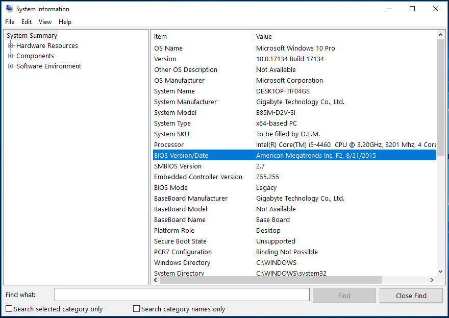 verifique la versión del BIOS en la ventana Información del sistema