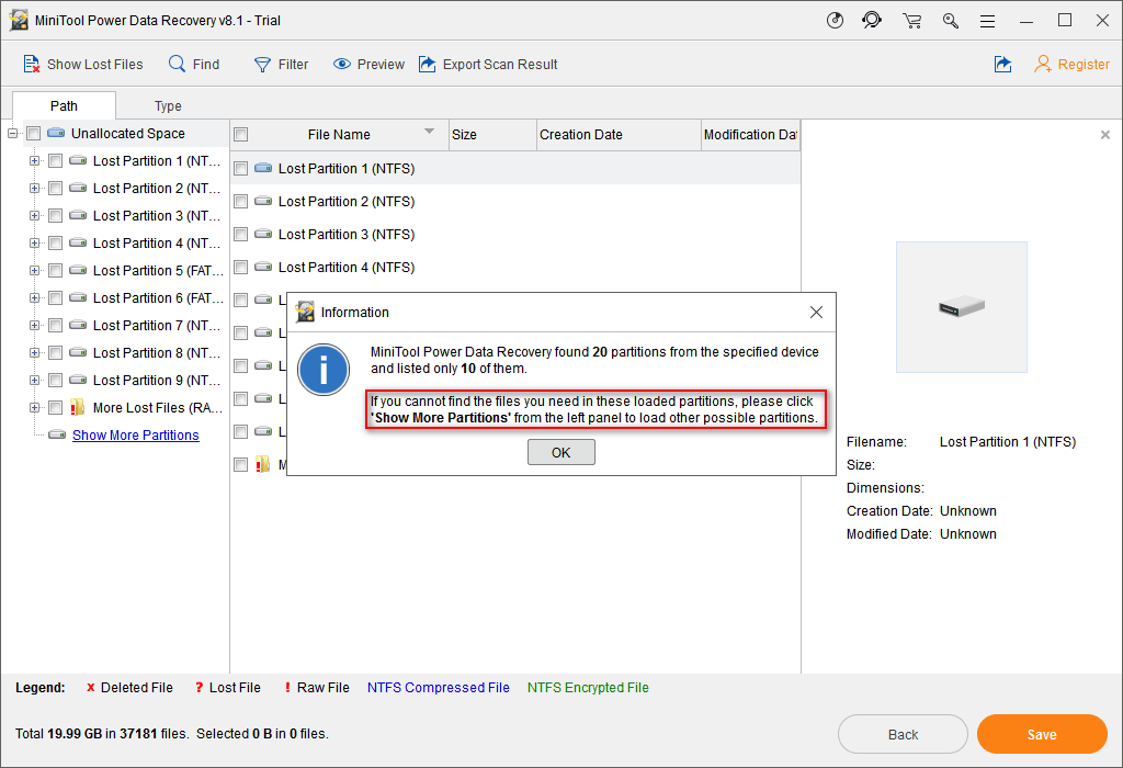 particiones encontradas por el software