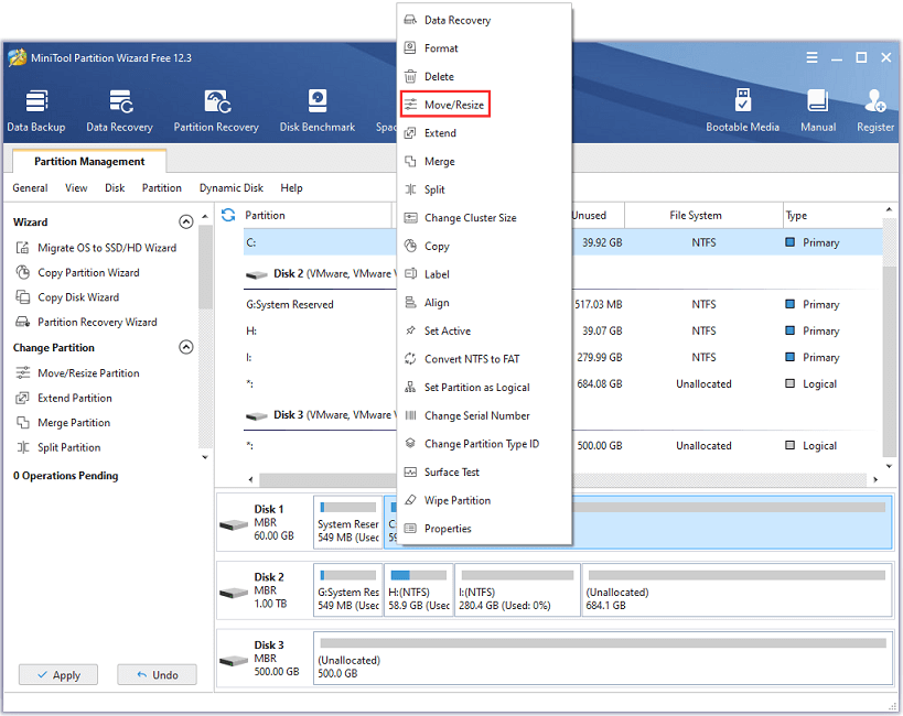 haga clic en Mover/Cambiar tamaño