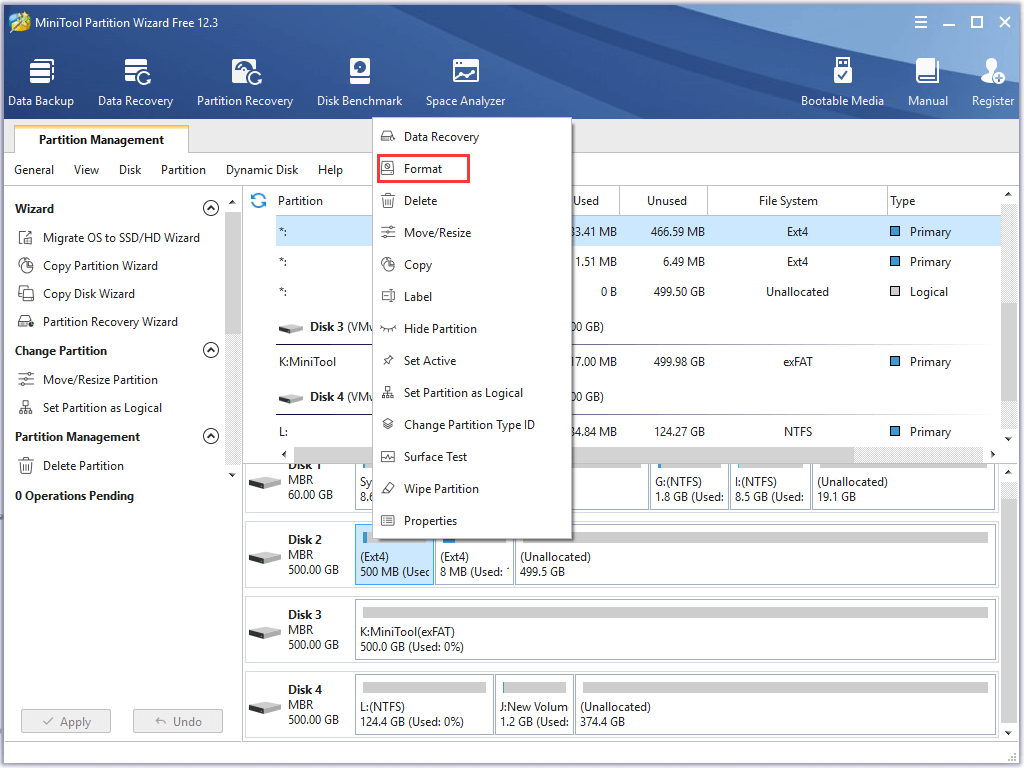 selecciona Formatear en MiniTool Partition Wizard