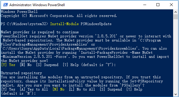 escriba Install-Module PSWindowsUpdate