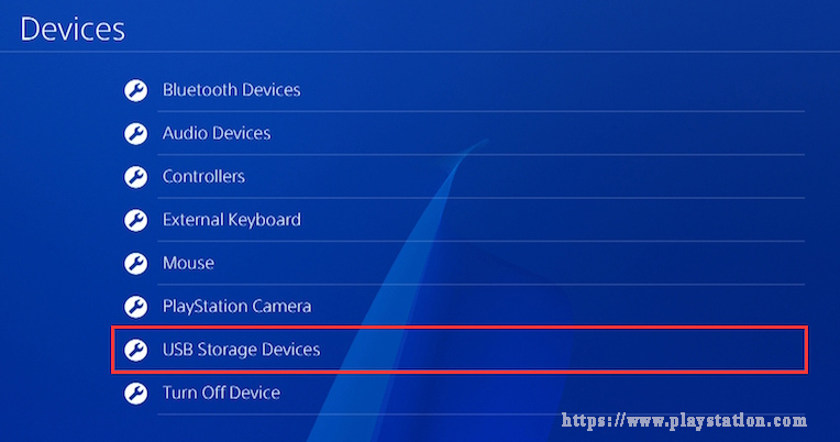 haga clic en Dispositivos de almacenamiento USB PS4