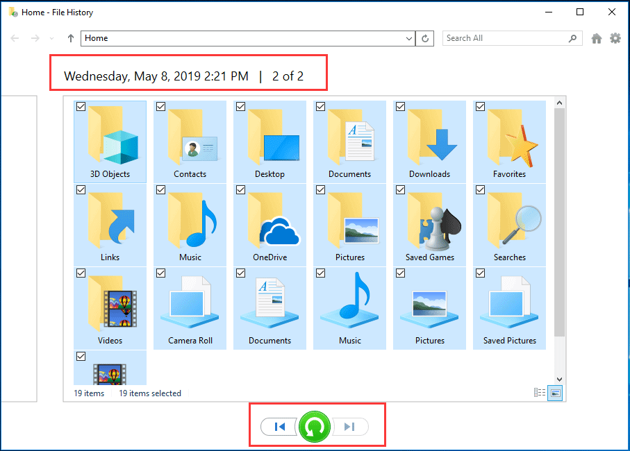 restaurar archivos desde el historial de archivos de Windows 10