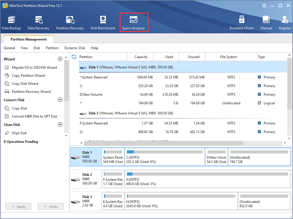 haga clic en Analizador de espacio