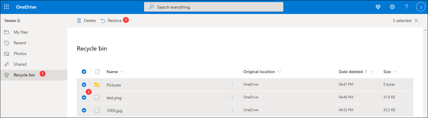 restaurar archivos y carpetas desde la papelera de reciclaje de OneDrive