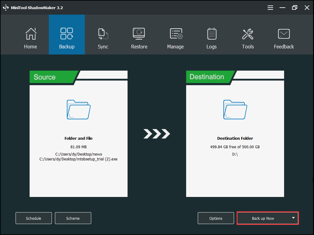 haga clic en Hacer copia de seguridad ahora para continuar