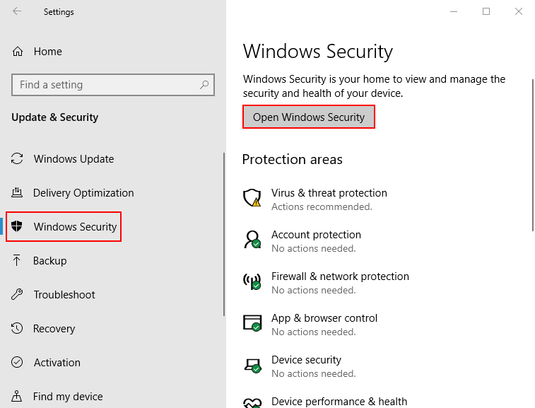 Abra Seguridad de Windows