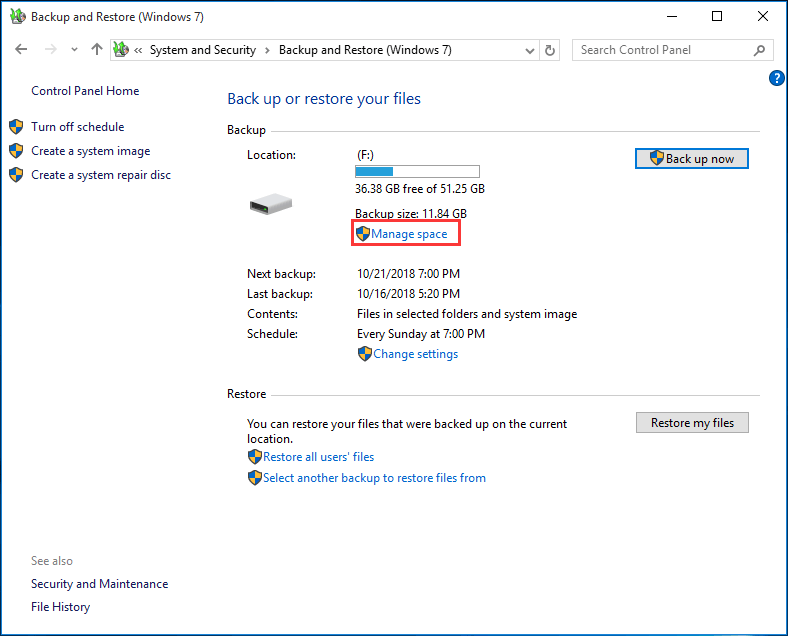 administre el espacio en disco de la copia de seguridad de Windows con Copia de seguridad y restauración