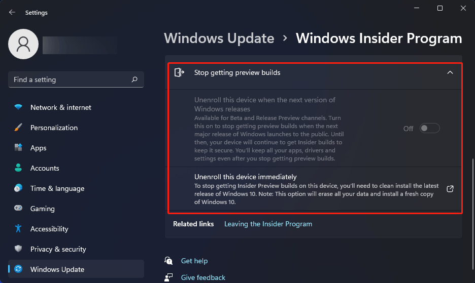 Anule la inscripción de este dispositivo cuando la próxima versión de Windows se publique en gris