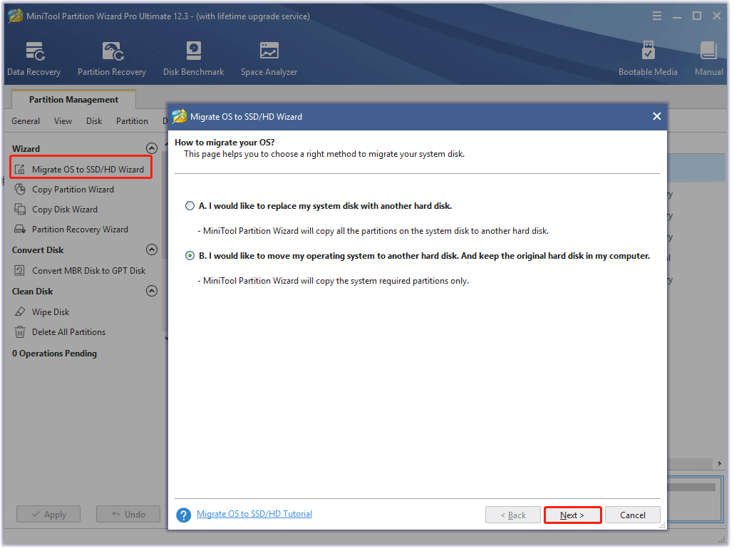 seleccione Migrar sistema operativo a SSD en MiniTool