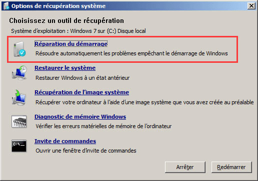 Choisissez Réparation au démarrage