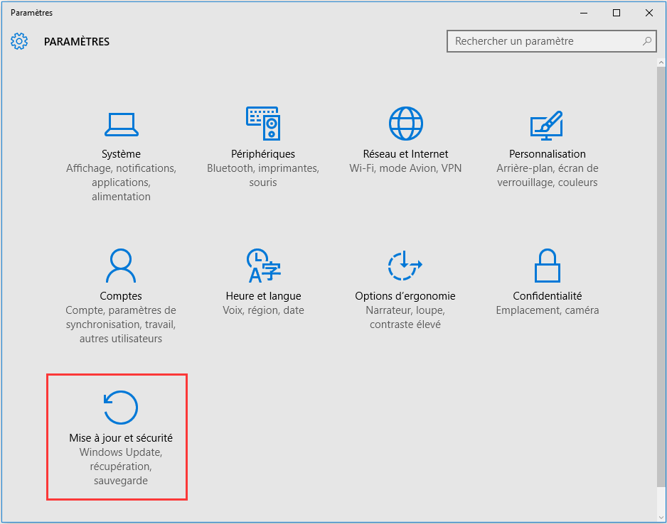 Choisissez Mise à jour et sécurité