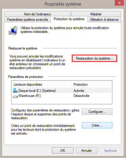 Cliquez sur Restauration du système