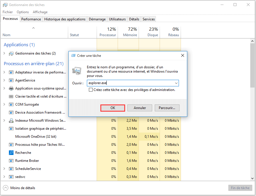 Entrez explorer.exe et appuyez sur Entrée