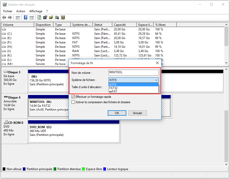 Spécifiez le système de fichiers en NTFS