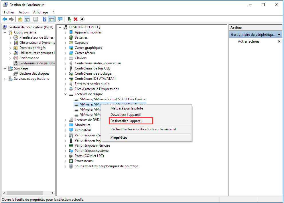 désinstaller le disque dur dans le Gestionnaire de périphériques