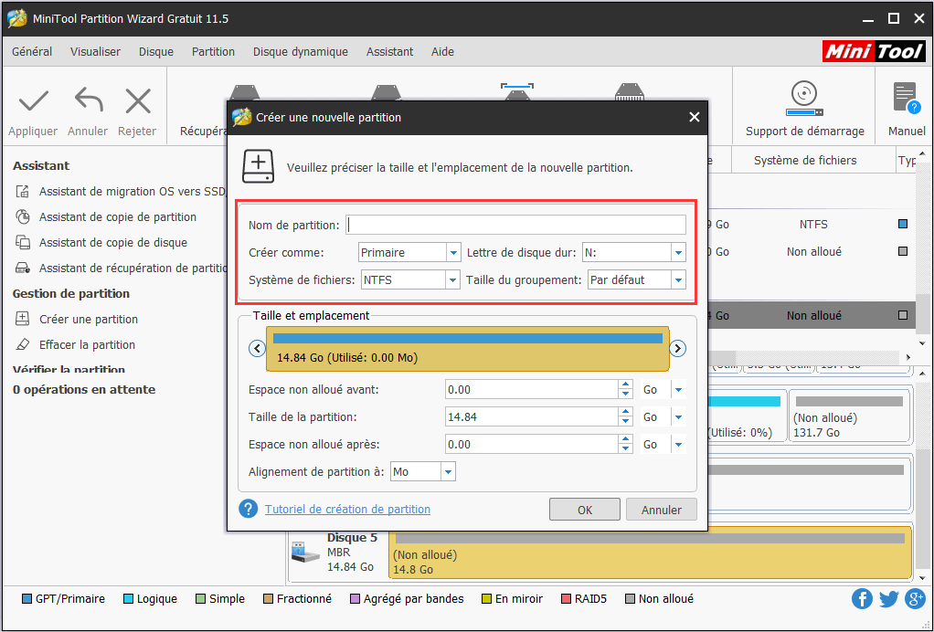 Spécifiez les détails de la nouvelle partition