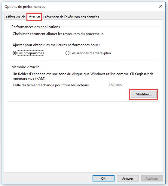 choisissez « Changer... » dans la section Mémoire virtuelle
