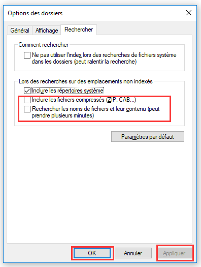 Passez à l'onglet « Recherche » et DÉCOCHEZ ces deux options