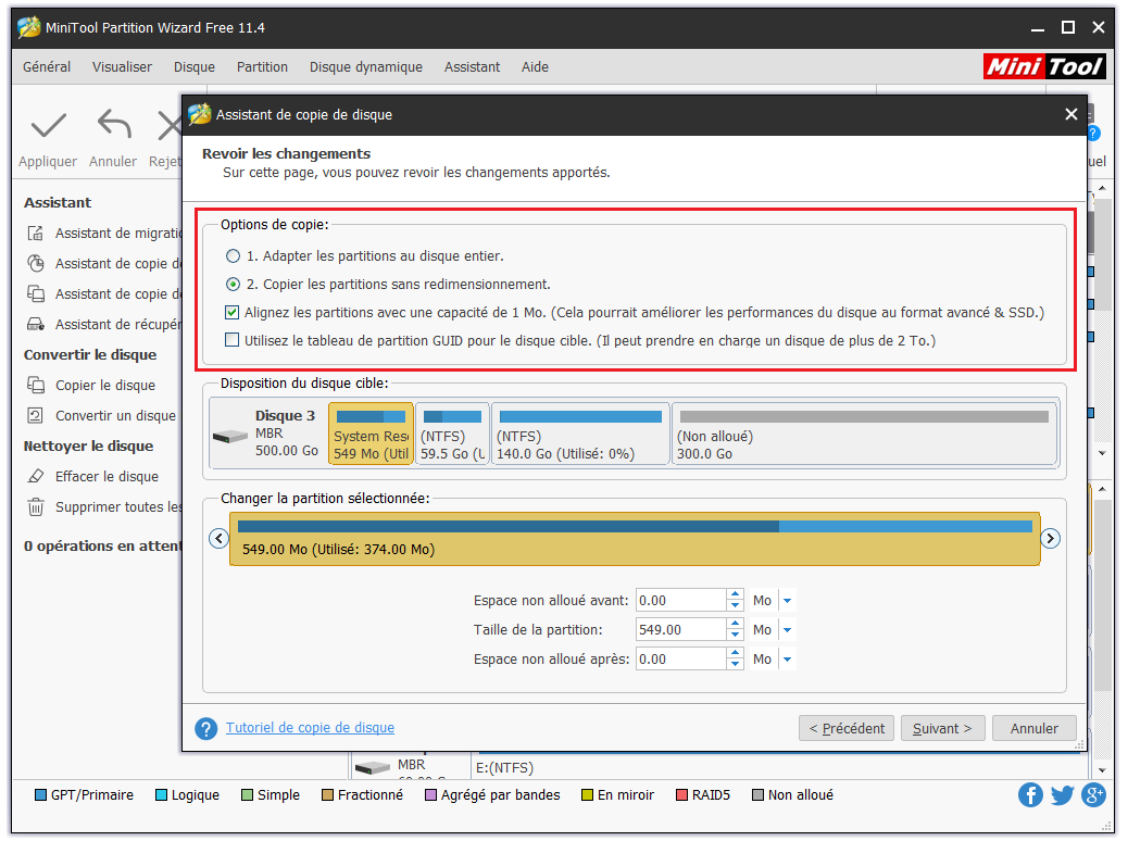 Sélectionnez les options souhaitées et continuez