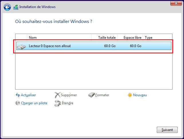 choisissez l'espace non alloué pour faire une installation sans problème