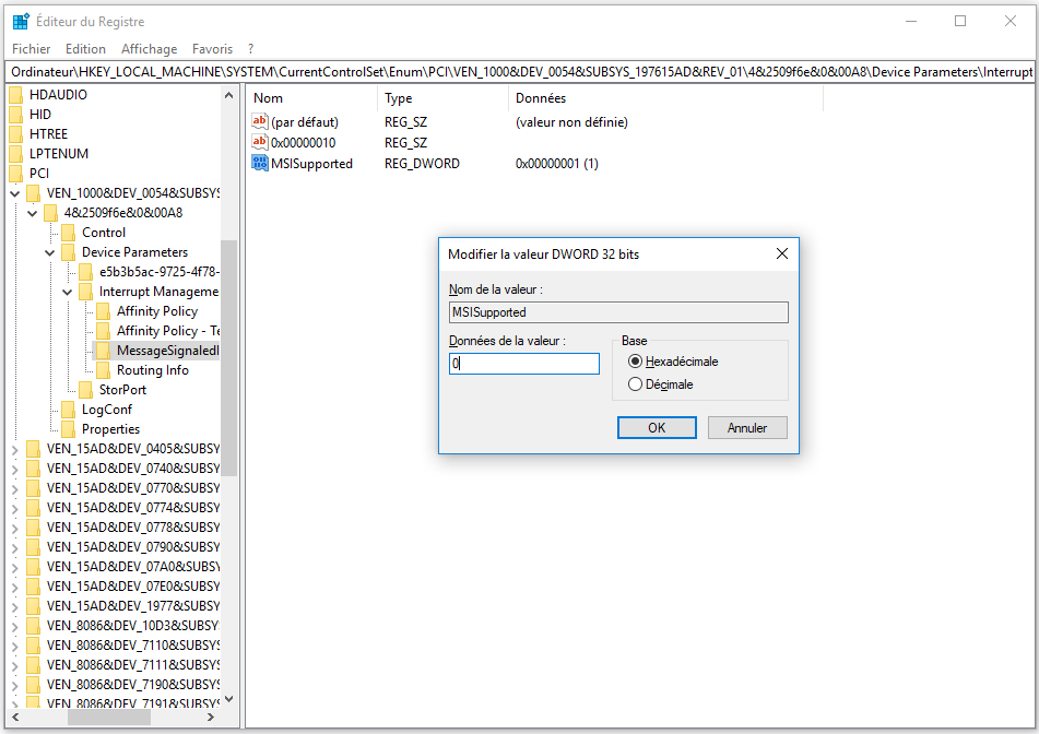  Changez ensuite la valeur de la touche MSISupported de 