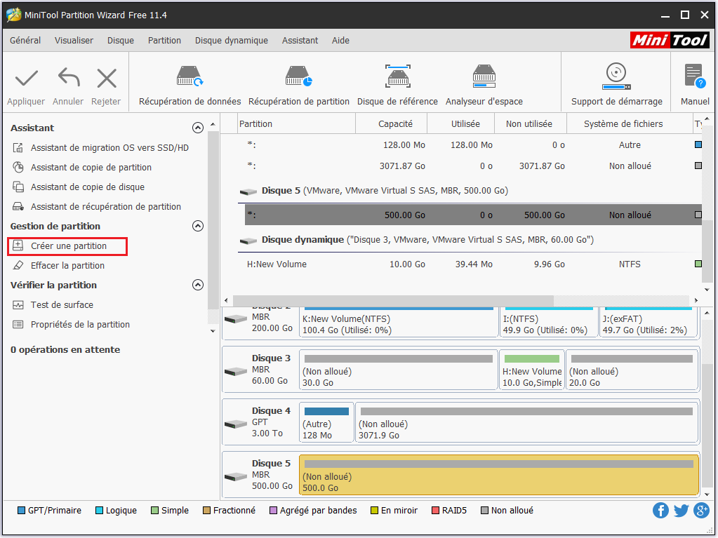 sélectionnez Créer une partition