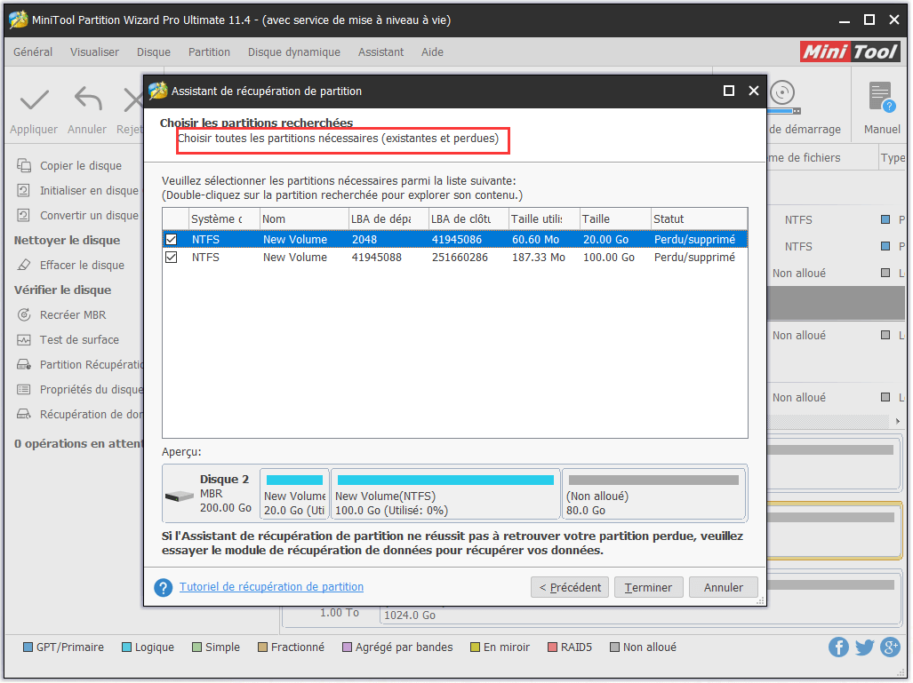 sélectionner les partitions pour récupérer