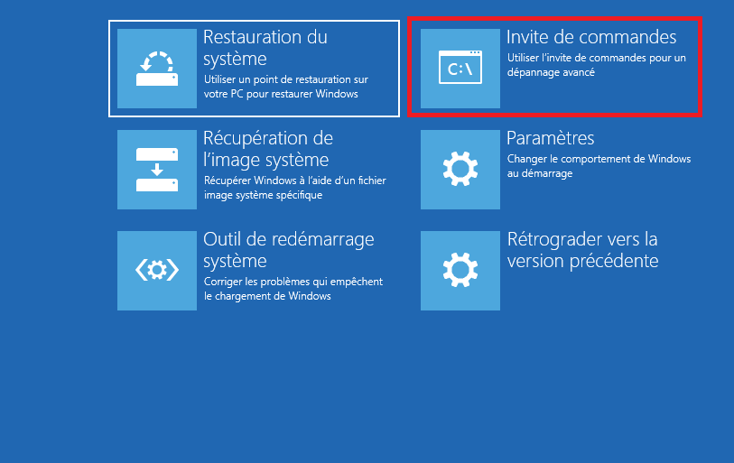 choisissez « Invite de commandes » pour commencer à réparer les fichiers BCD