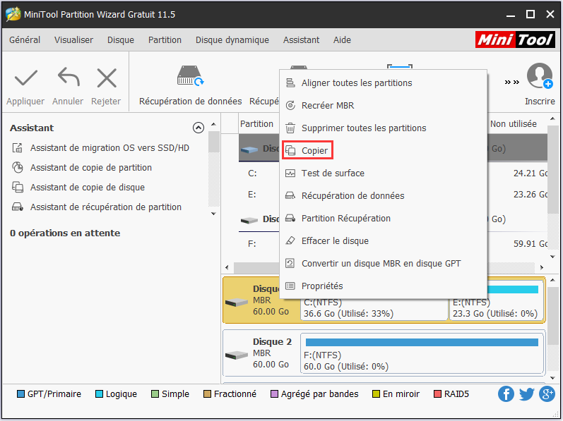 Sélectionnez le disque à cloner et choisissez Copier dans le menu contextuel pour continuer.