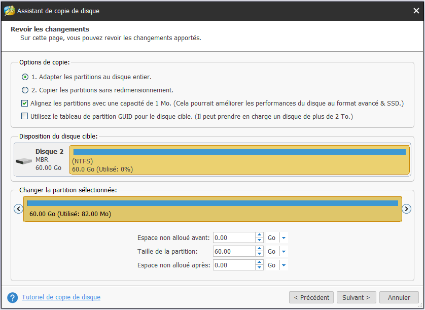 vous devrez choisir une option de copie