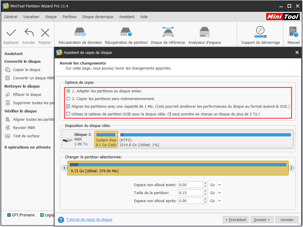 confirmez les options de copie