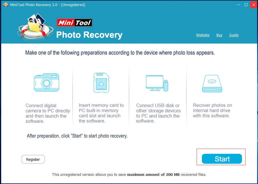 Cliquez sur le bouton Démarrer pour lancer la récupération des photos et vidéos sur la carte SD.