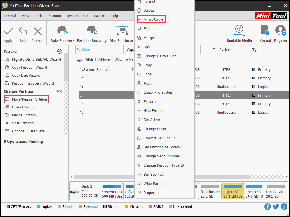 déplacer la partition E