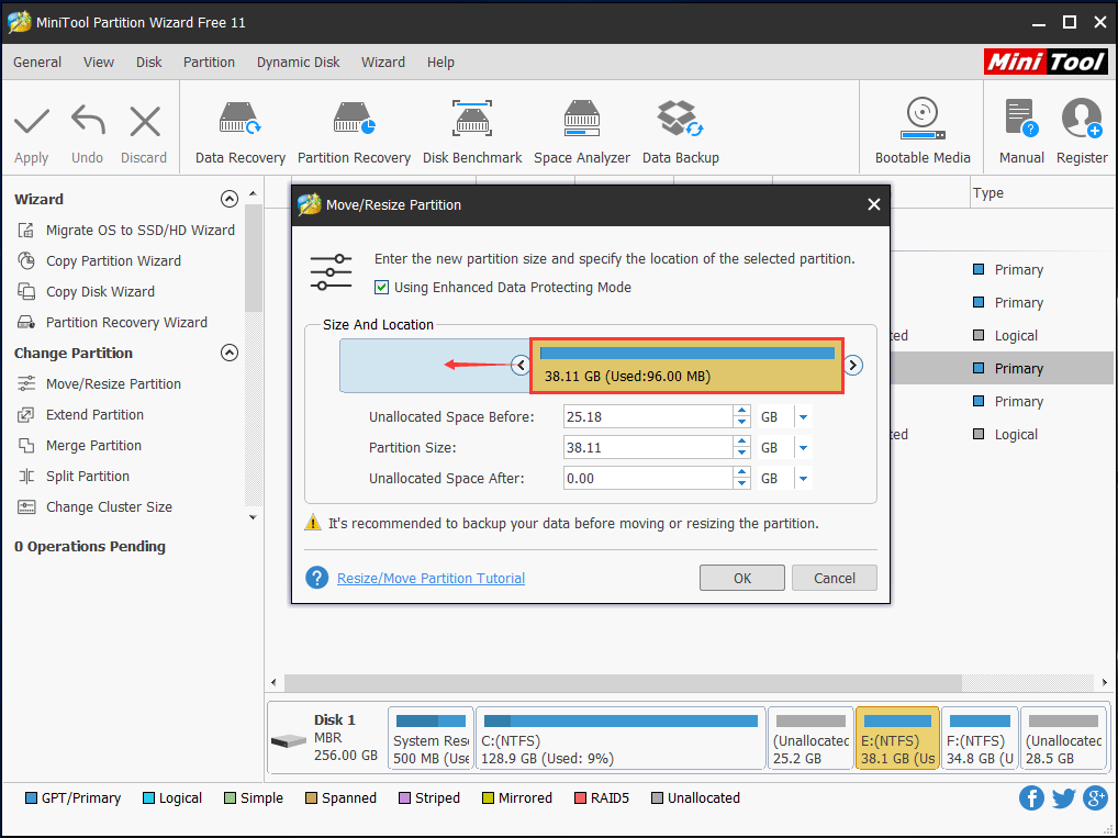 déplacer la partition E vers la gauche