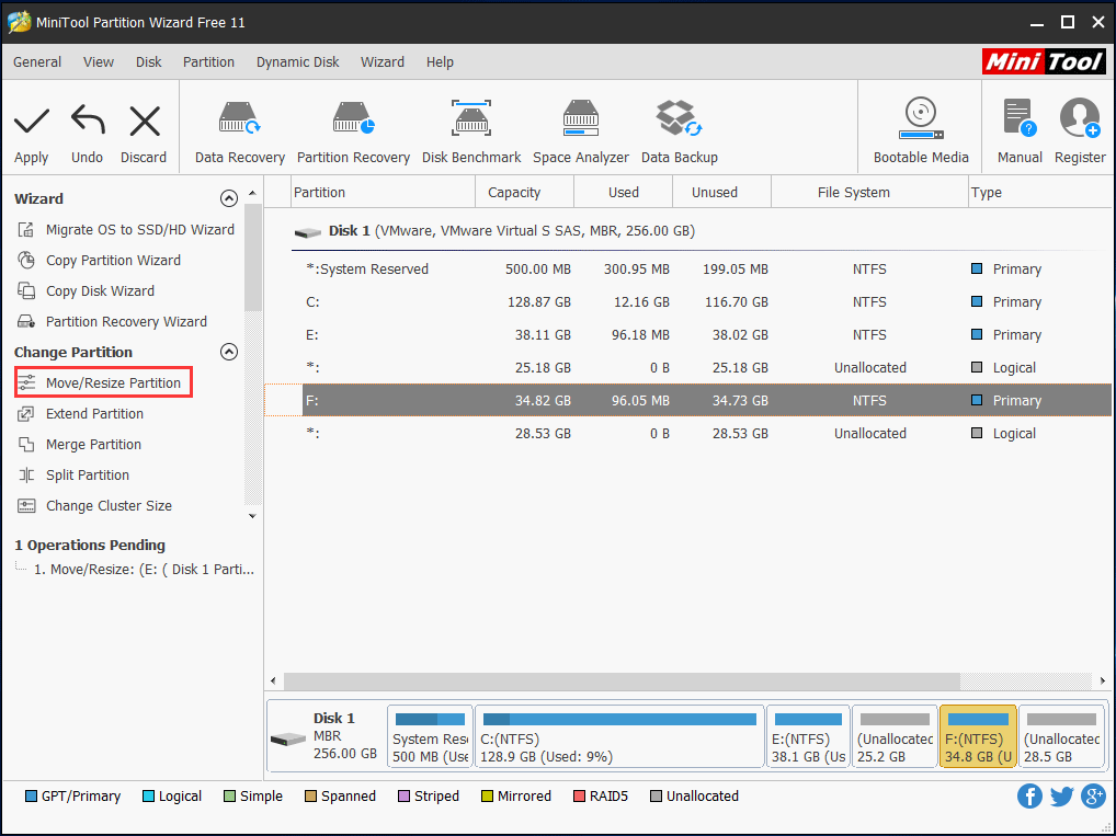 déplacer la partition F