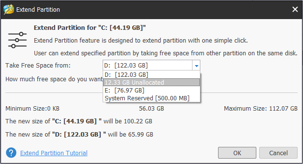 prendre de l'espace libre à partir d'une autre partition