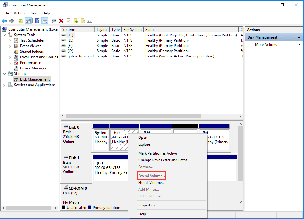 Windows 10 étend le volume grisé