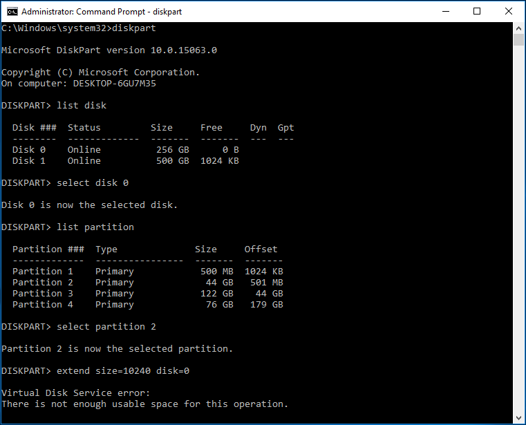 étendre la partition système Windows 10 via diskpart